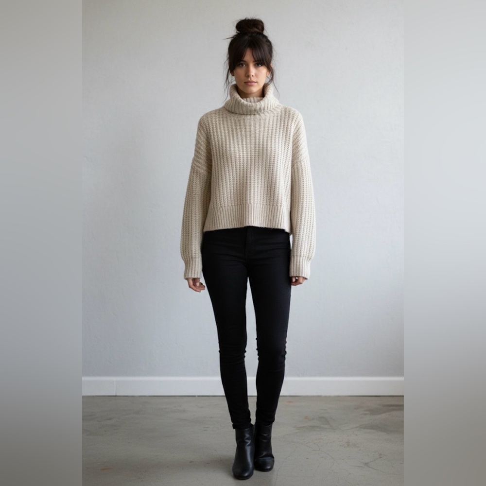 Cozy Zara Women's Cropped Cream Turtleneck Sweater - Size Small - Picture 2 of 6
